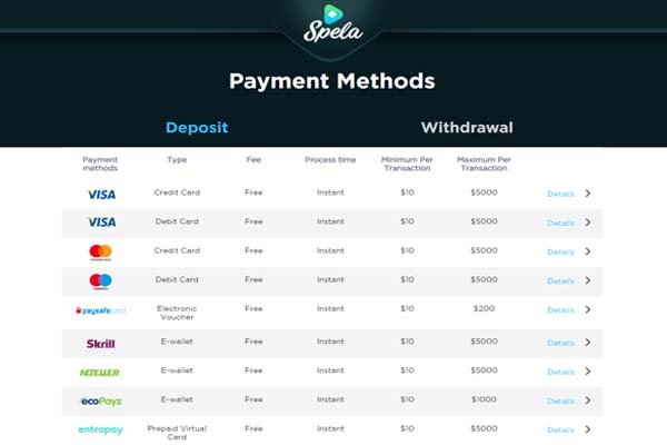 Payment methods Spela Casino