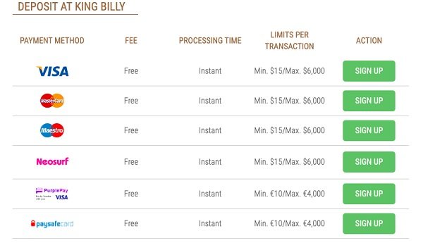 King Billy Deposit Screen