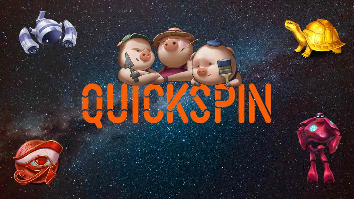 image of the quickspin logo surrounded by characters from their popular slot games